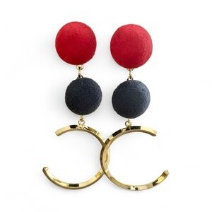 Statement Red & Navy Ball Drop Earrings with Open Gold Hoop Design